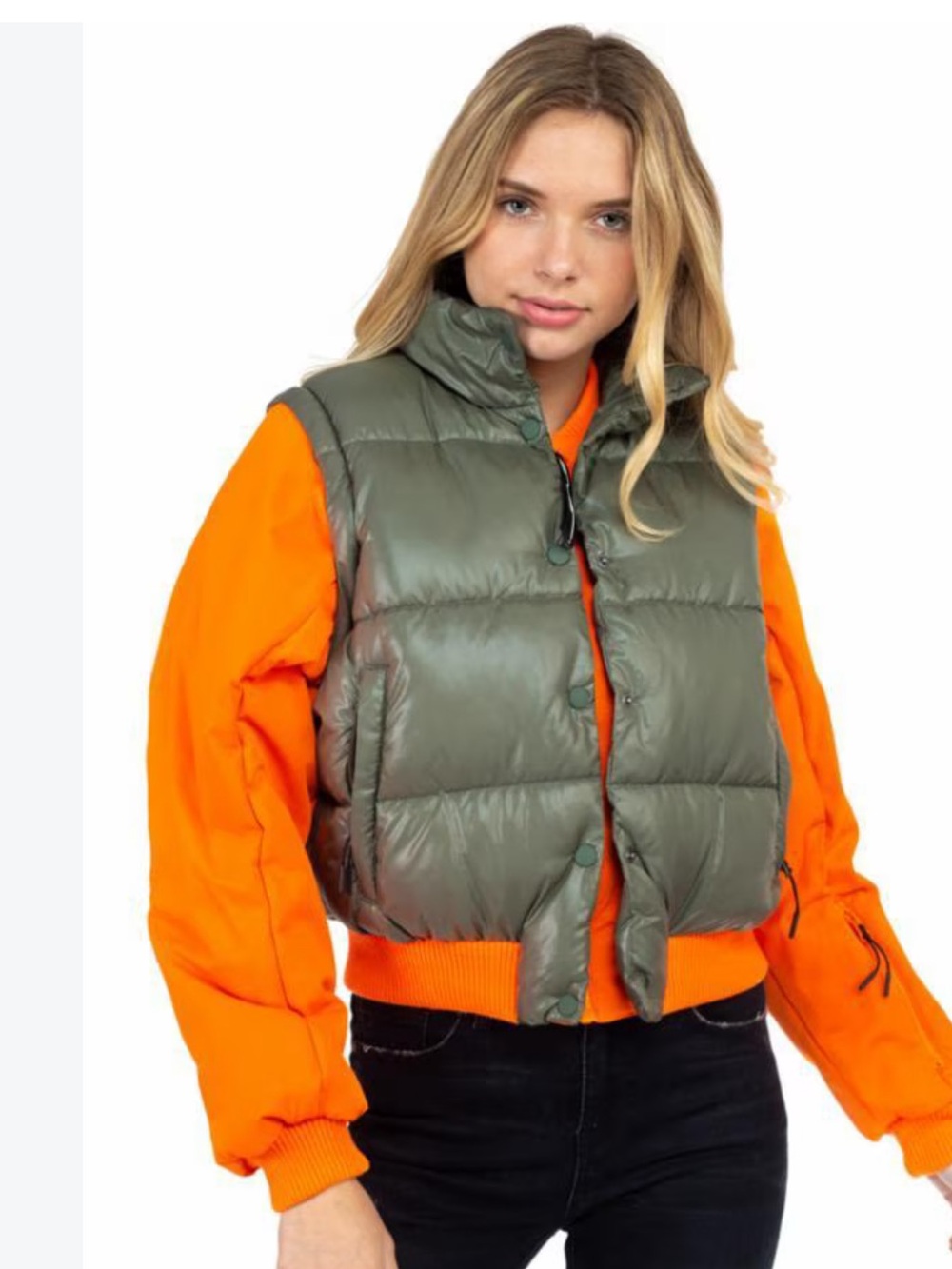 The Jacket Club Army Green & Hunting Blaze Orange Cropped Puffer Vest Jack 🦌